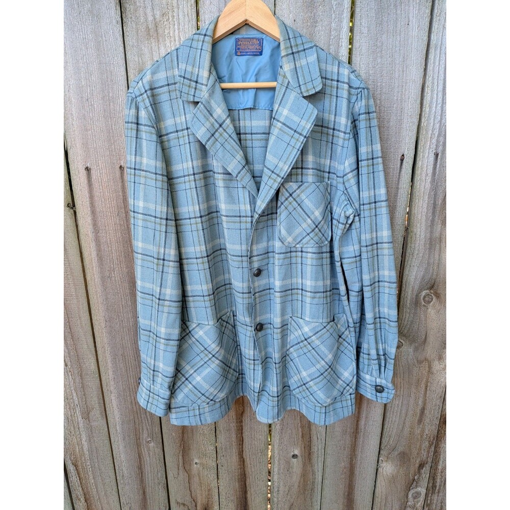 Vintage Pendleton Jacket L Blue Plaid Chore Blazer 3 Pocket Wool Shacket 1980s